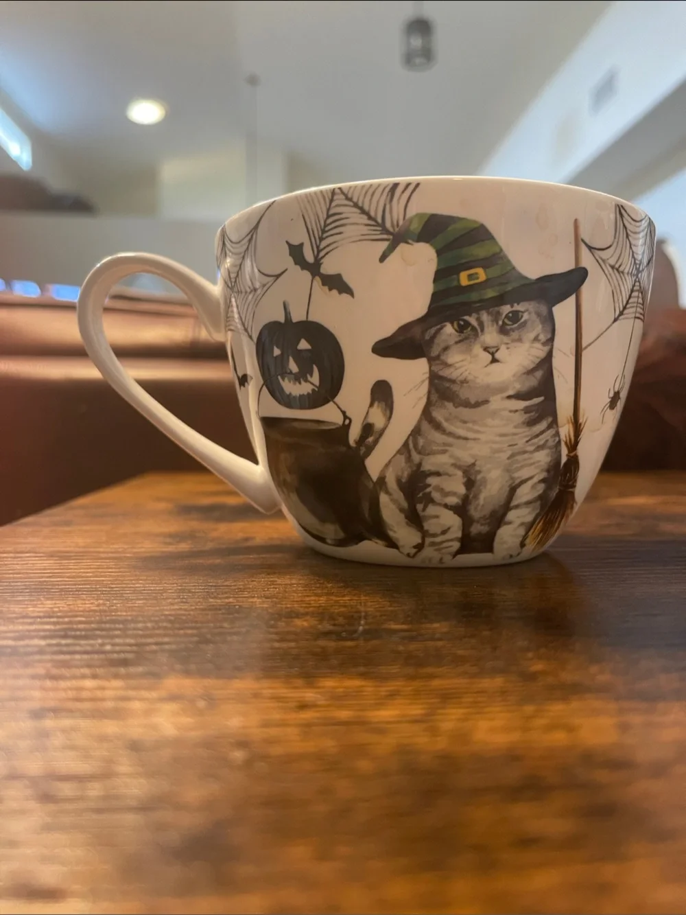 Halloween Cat Ceramic Coffee Mug - White with Green Accent